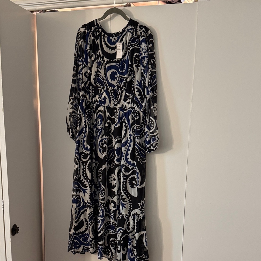 LOFT Black and Blue Paisley Long Sleeve Dress